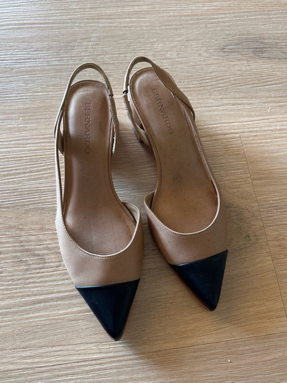 Bernardo Beige and Black Pointed Slingback Pumps